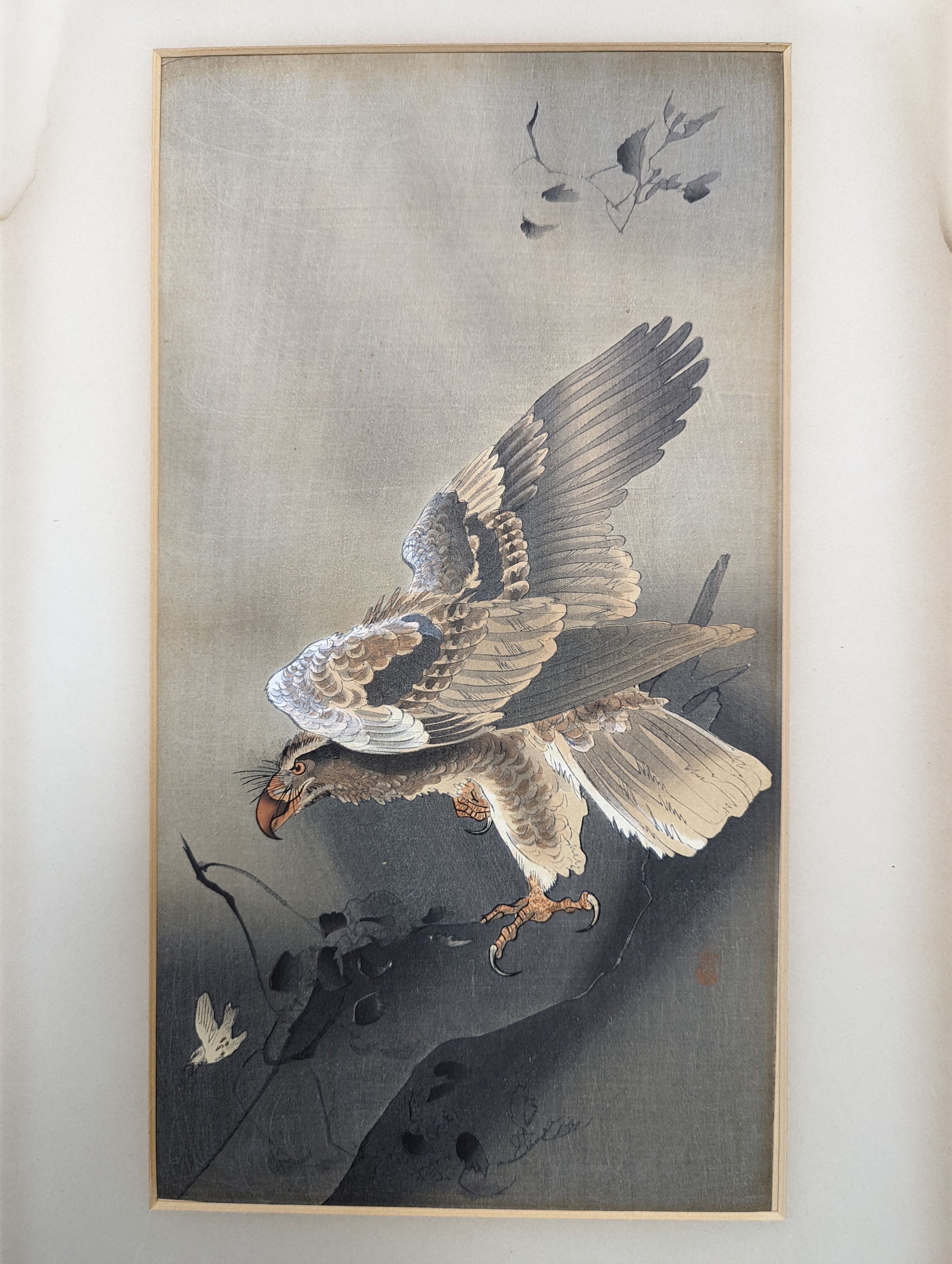 Ohara Koson (1877-1945), pair of woodblock prints, Study of chickens and an eagle, 34 x 18cm, unframed